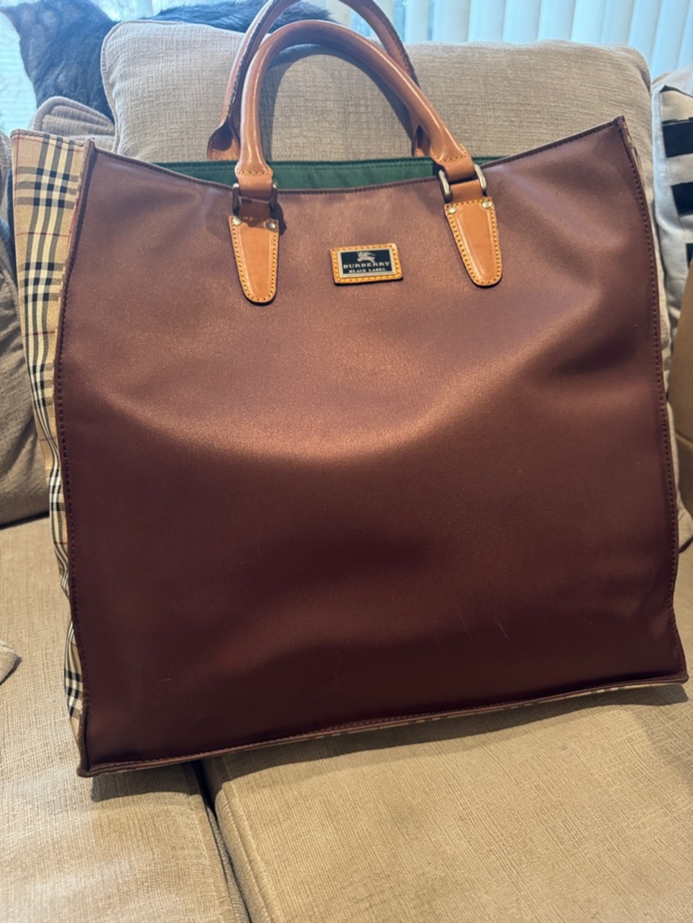 Burberry Brown Tote with Tan Leather Handles and Check Panels